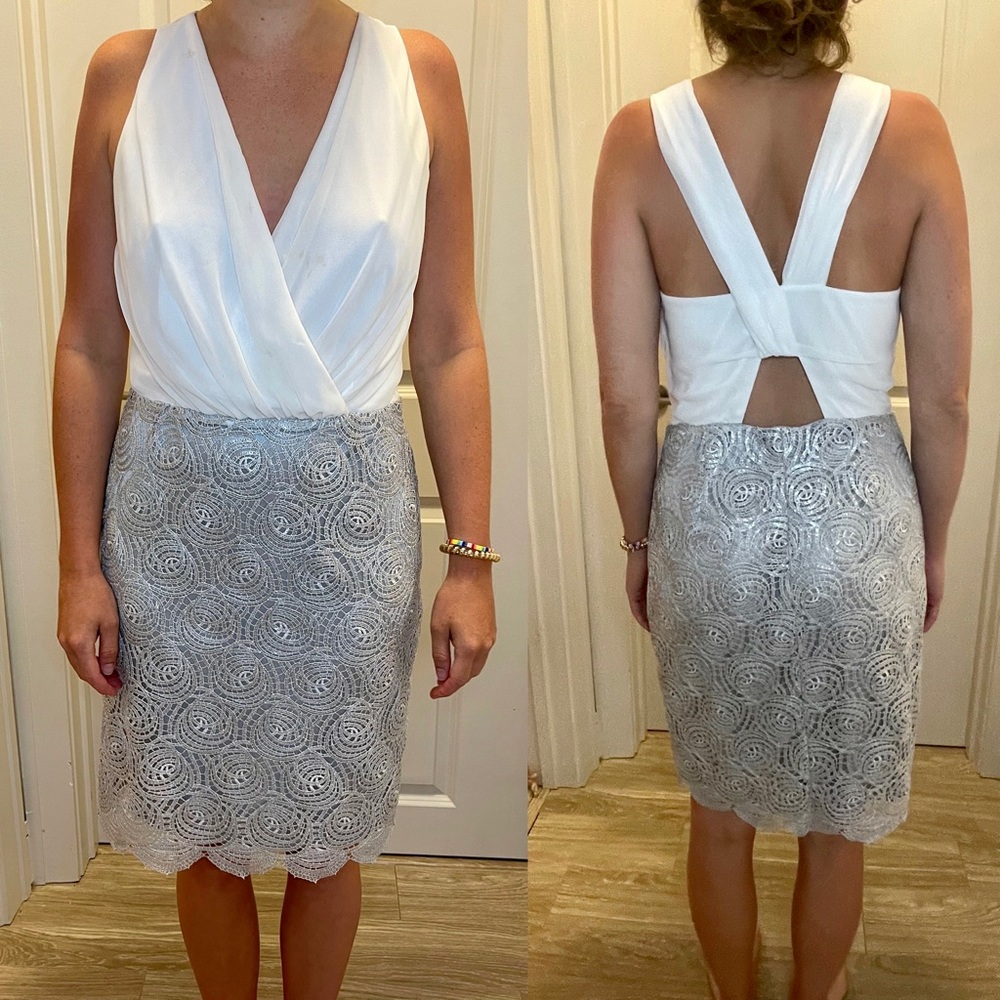 Elegant mini dress white and silver lace